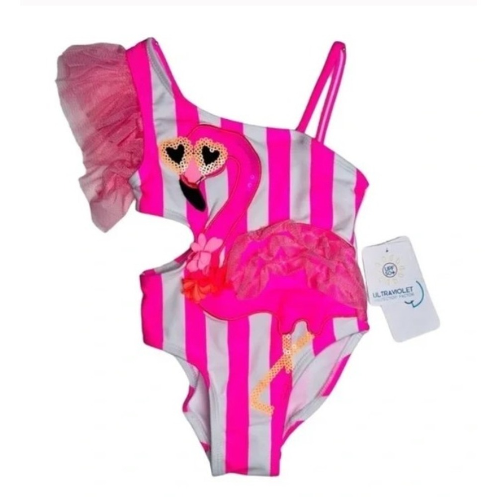 Flapdoodles Little Girls 3T Flamingo 1 pc Swimsuit With Flutter Sleeves Pink NWT